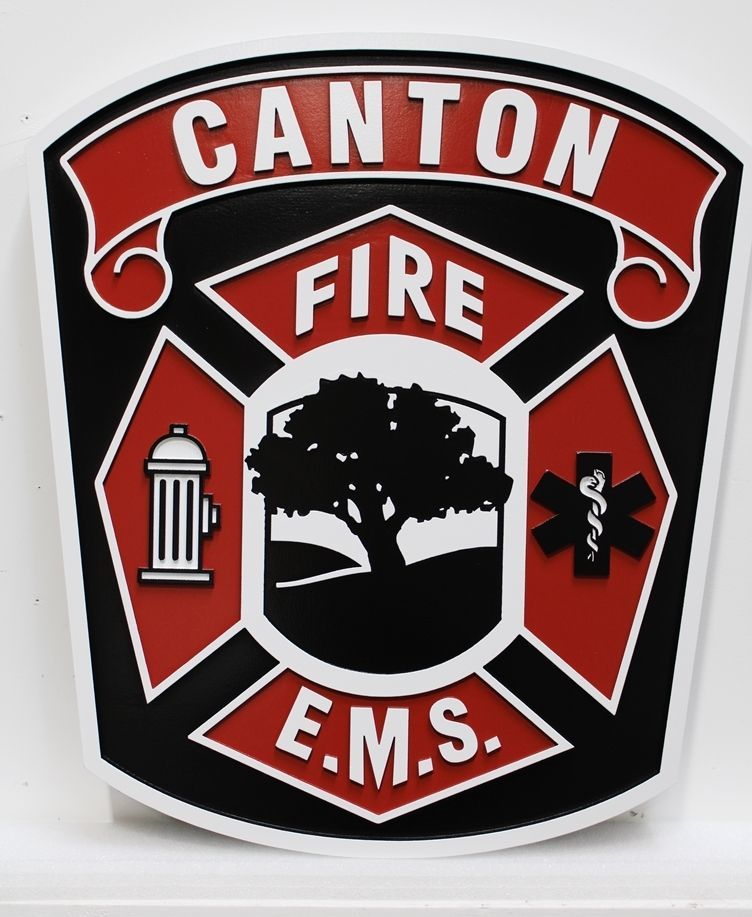 QP-2105 - Carved 2.5-D HDU Plaque of the Shoulder Patch of the  Fire and Emergency Services Department of Canton, Ohio