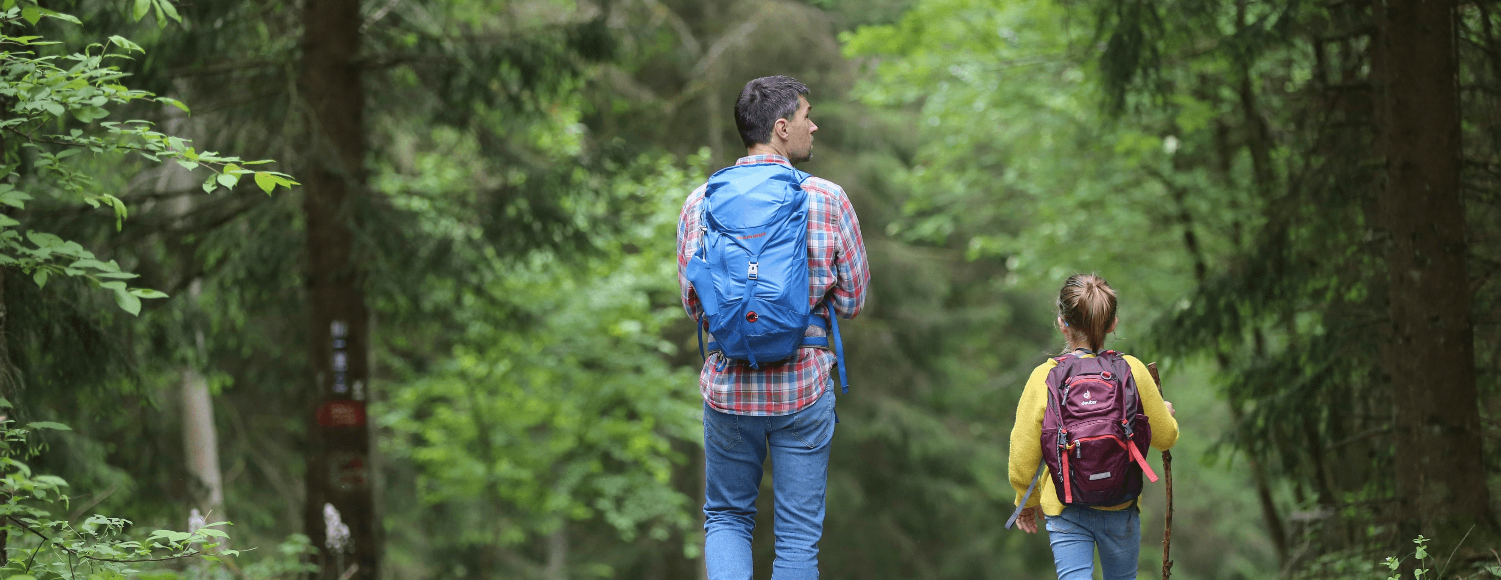 Father and daughter hiking together through forest with backpacks