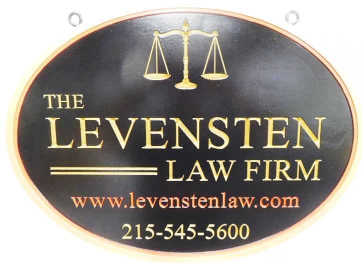 A10422 - Carved Engraved 2.5-D High-Density-Urethane (HDU sign) for the Levensten Law Firm, with Metallic Gold Painted Text and Scales of Justice.