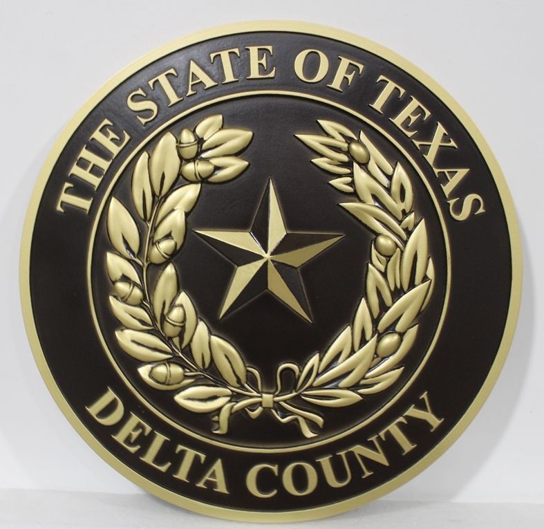 CP-1094- Carved 3-D Brass-plated HDU Plaque of the Seal of Delta County, Texas