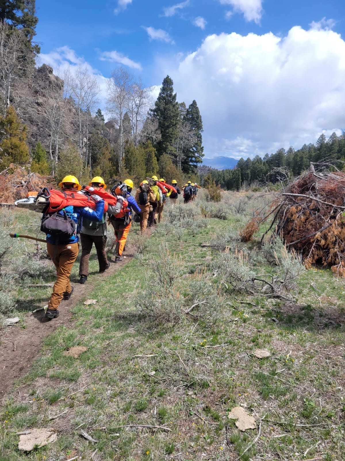 The women's fire crew, each carrying chainsaws on their shoulders, marches in a line away from the camera