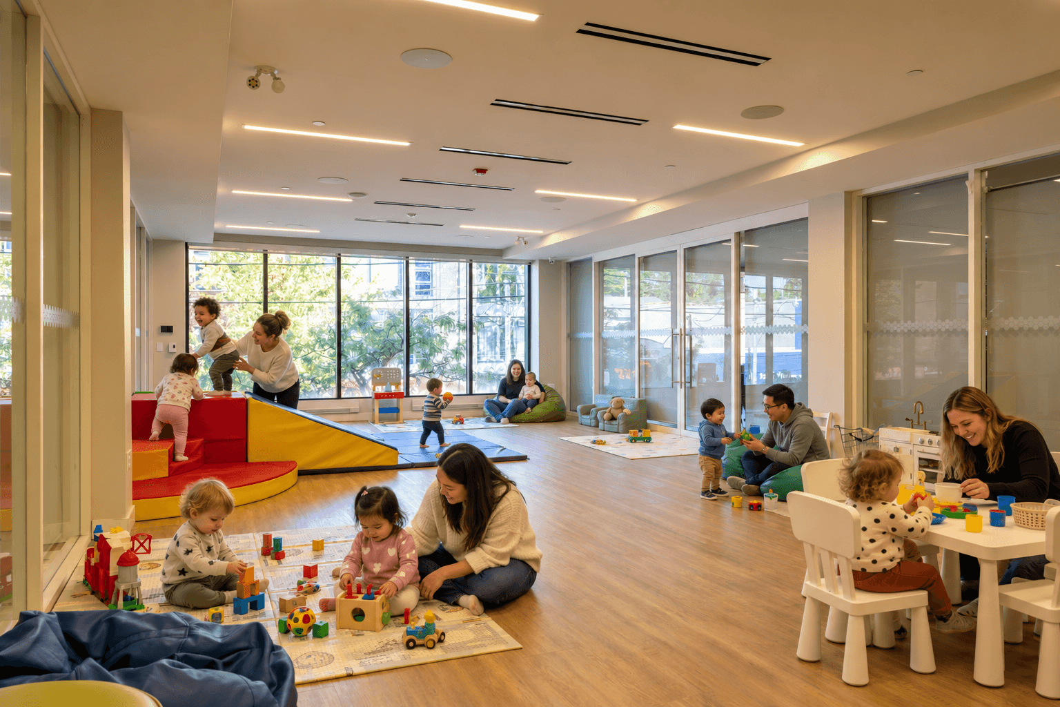 Tots and their grown-ups playing together at Beaches Sandbox.