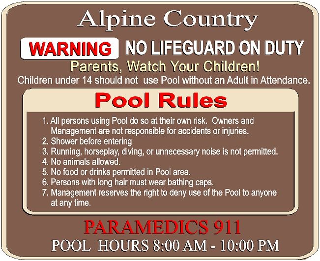 GB16280 - Carved HDU Swimming Pool Sign  With  Swimming Pool Rules  and Safety Rules,  for Alpine Village Apartments 