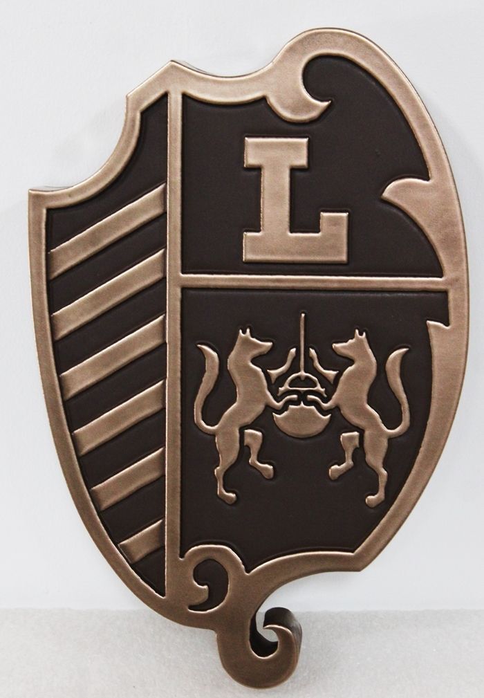 XP-3311 - Carved 2.5-D Raised Relief Bronze-Plated Plaque of a Coat-of-Arms with Two Rampant Lions and Monogram "L"