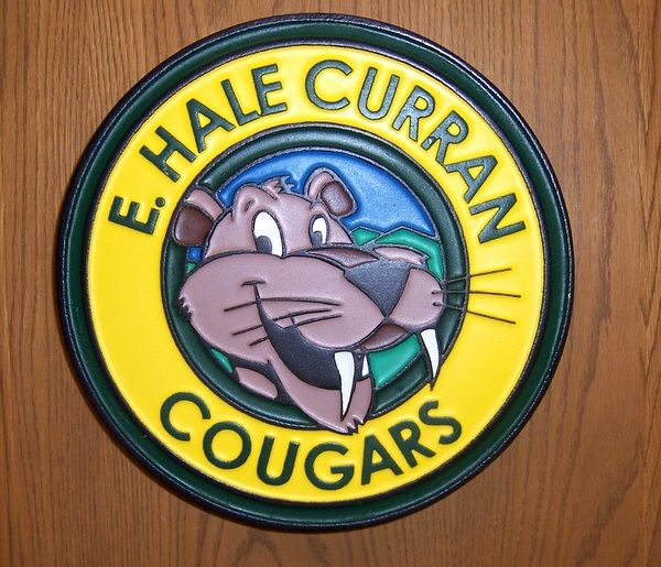 TP-1380- Carved 2.5-D Multi-Level Wall Plaque of the Seal / Logo of E.H. Curran Public School, with  Artist Painted Cougar