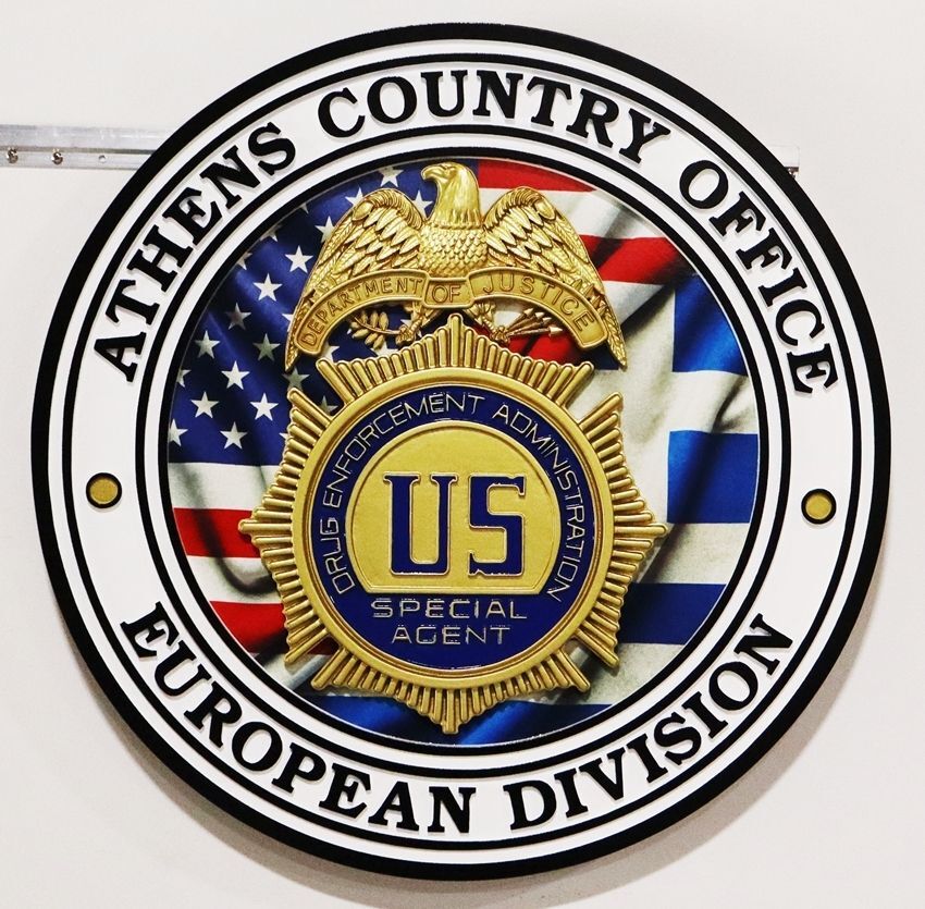 PP-1572  - Carved 3-D Plaque of the Badge of  a Special Agent of the Drug Enforcement Administration, Athens Country Office,  mounted on a Round Backer 