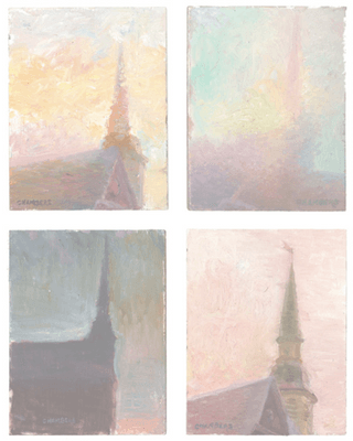 A series of four images of a church steeple in varying degrees of light.