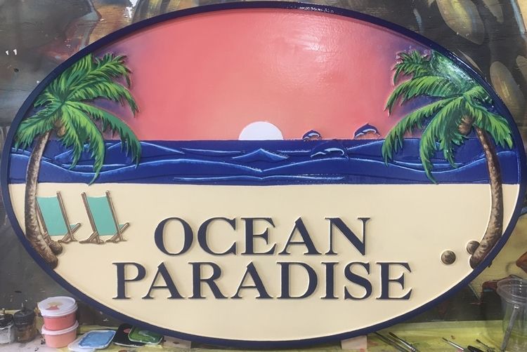 L21240 - Carved 3-D HDU  Beach House Sign, "Ocean Paradise”,  with a Beach Scene at Sunset with Two Palm Trees as Artwork