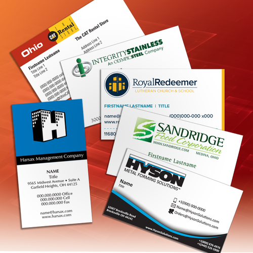 various business card templates arranged on a digital background