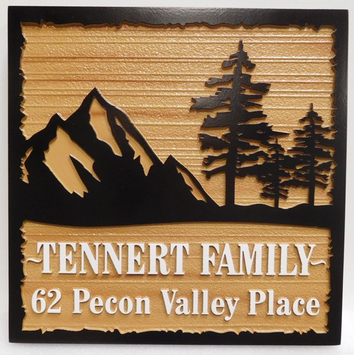 M2219- Carved and Sandblasted HDU Address Sign for the Tennert Family Home, with Pine Trees and Mountain as Artwork