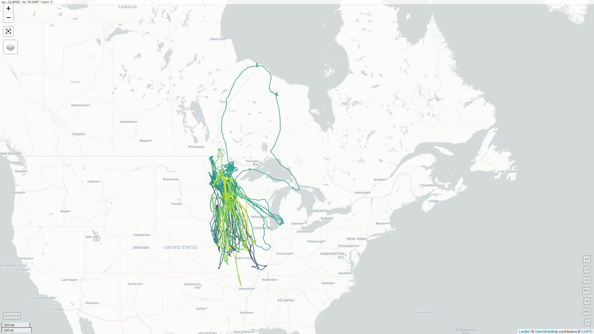 Map showing Minnesota swans' year round travels