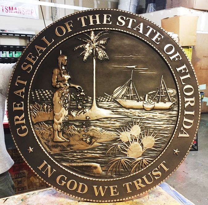 BP-1125 - Carved Plaque of the Seal of the State of Florida (Old Style), Brass-plated and Hand-rubbed Brown 