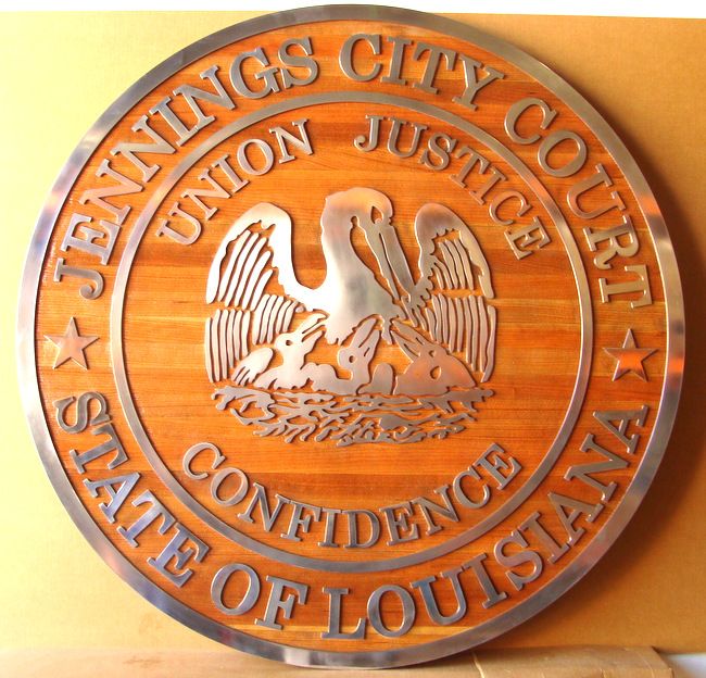 A10865 - Carved Cedar Wood Wall Plaque for the City Court of Jennings, Louisiana, with Silver Leaf and Mother Pelican and Chicks