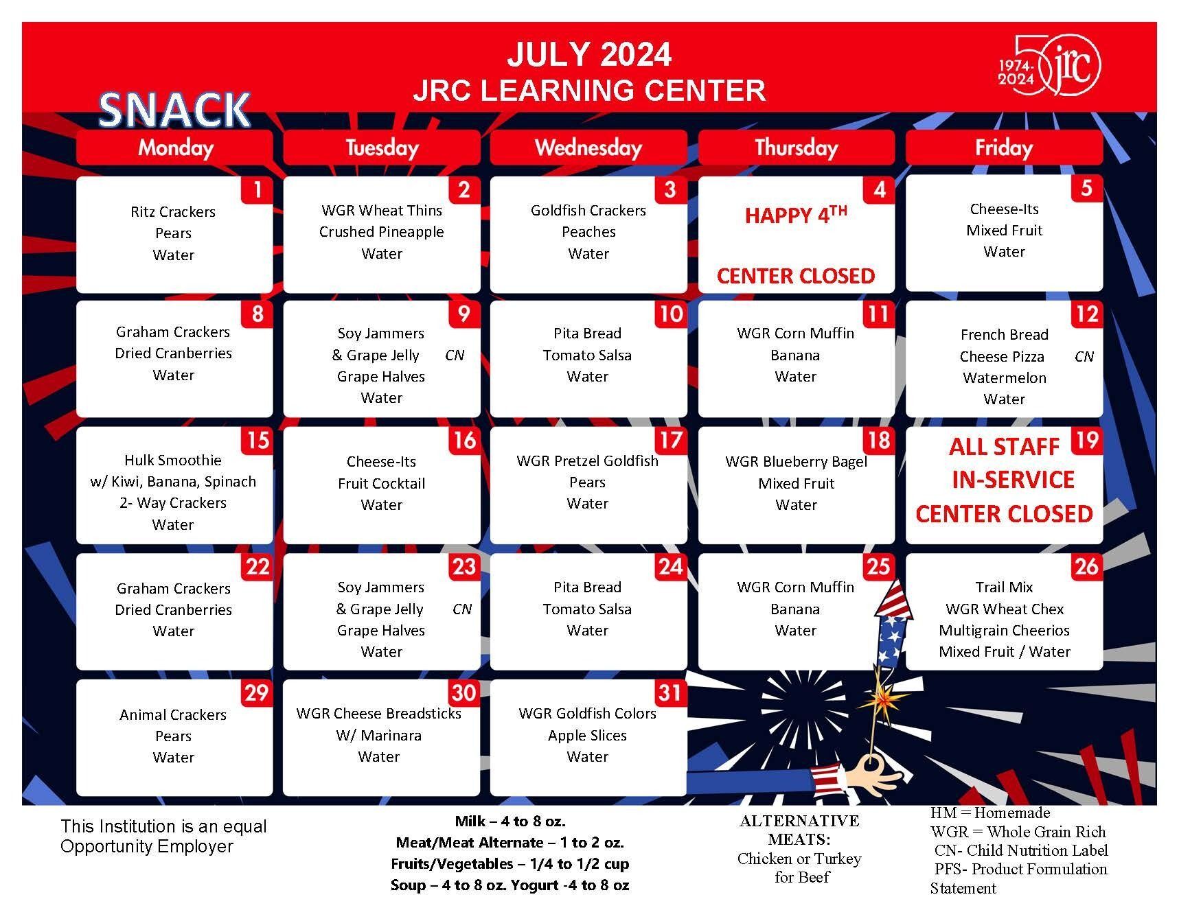 July Snack Learning Centers Menu 
