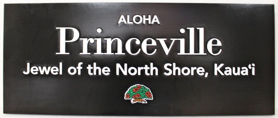 T29017A - Logo Entrance Sign for Princeville Jewel of the North Shore carved in 2-D Relief with Raised Artwork and Lettering