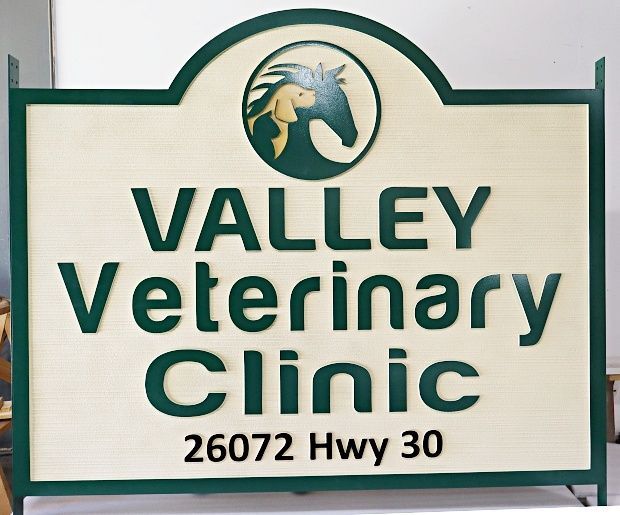 BB11723A - Carved HDU Sign for "Valley Veterinary Clinic" with Artwork and Address