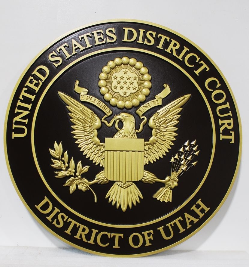 FP-1352- Carved 3D HDU Plaque of the  Seal  of the US District Court, District of Utah, Artist Painted