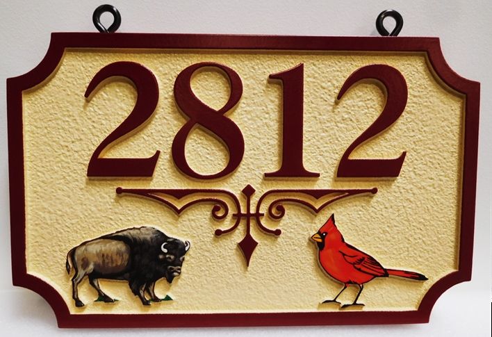 M22924 - Carved and Sandblasted HDU Address Sign for a Cabin, with a Bison and Cardinal Bird as Artwork 