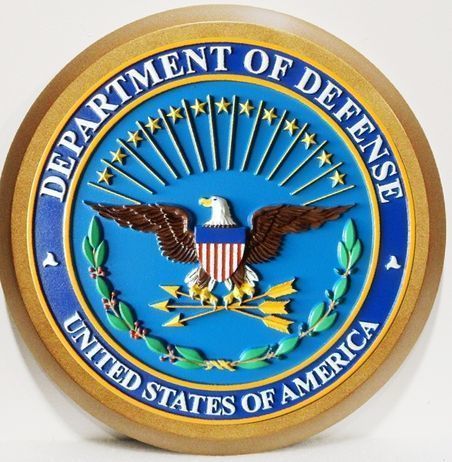 IP-1025 - Carved 3-D Mahogany Plaque of the Seal of the US Department of Defense (DoD)