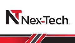 the word Nex-Tech in black and red over two parallel lines, one thin line and one thick line, cut in half by three  more parallel lines going diagonally through the first two. lines vary from red to black.