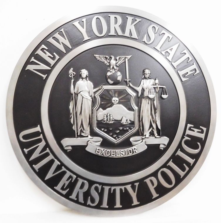 X33740 - Metallic Silver  Badge of the Police Department of New York State University, with Rubbed Black Paint 