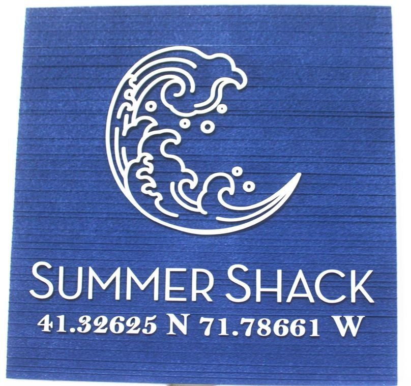 L21174  – Carved 2.5-D HDU Beach House Address Sign Summer Shack,  with Stylized Surf