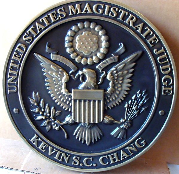 A10827– Carved 3-D Silver-Nickel Courtroom  Wall Plaque, for US Magistrate Judge