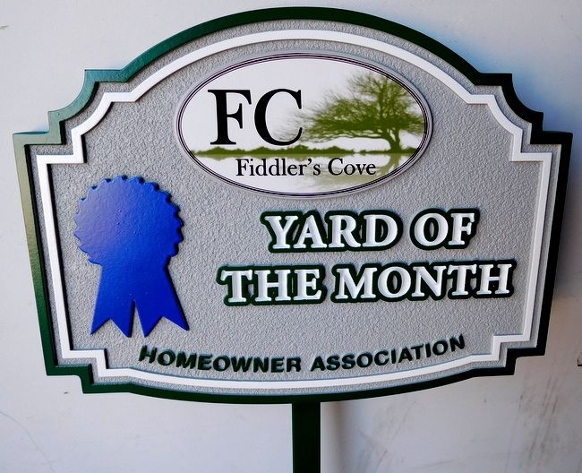 KA20934 - "Fiddler's Cove" HOA Yard-of-the-Month Sign, featuring a Blue Ribbon and Giclee Print of a the Cove Scene
