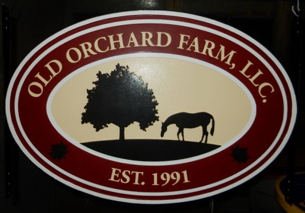024898 - Elliptical  Sign for "Old Orchard Farm" with Silhouette of Tree and Horse