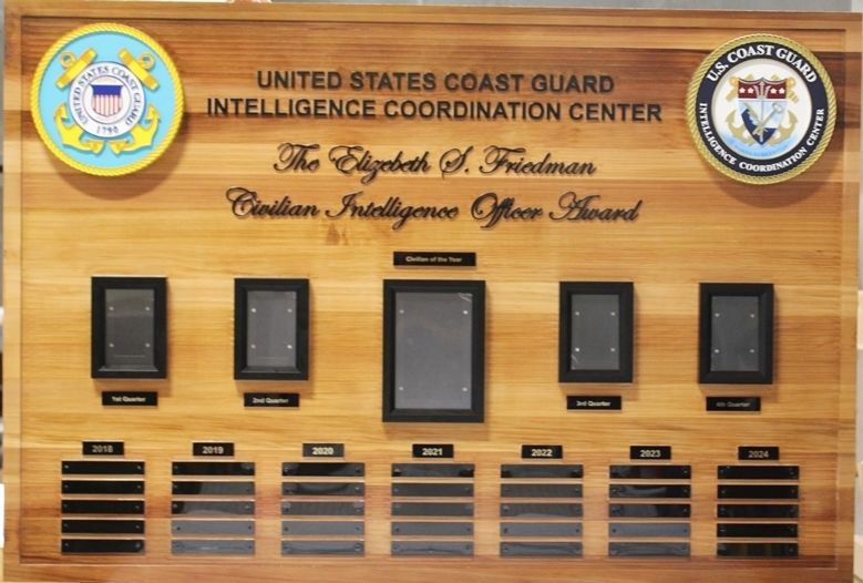 SB1045 - Carved Cedar Elizabeth F Friedman Civilian Intelligence Officer Award, made for the United States Coast Guard Intelligence Center 