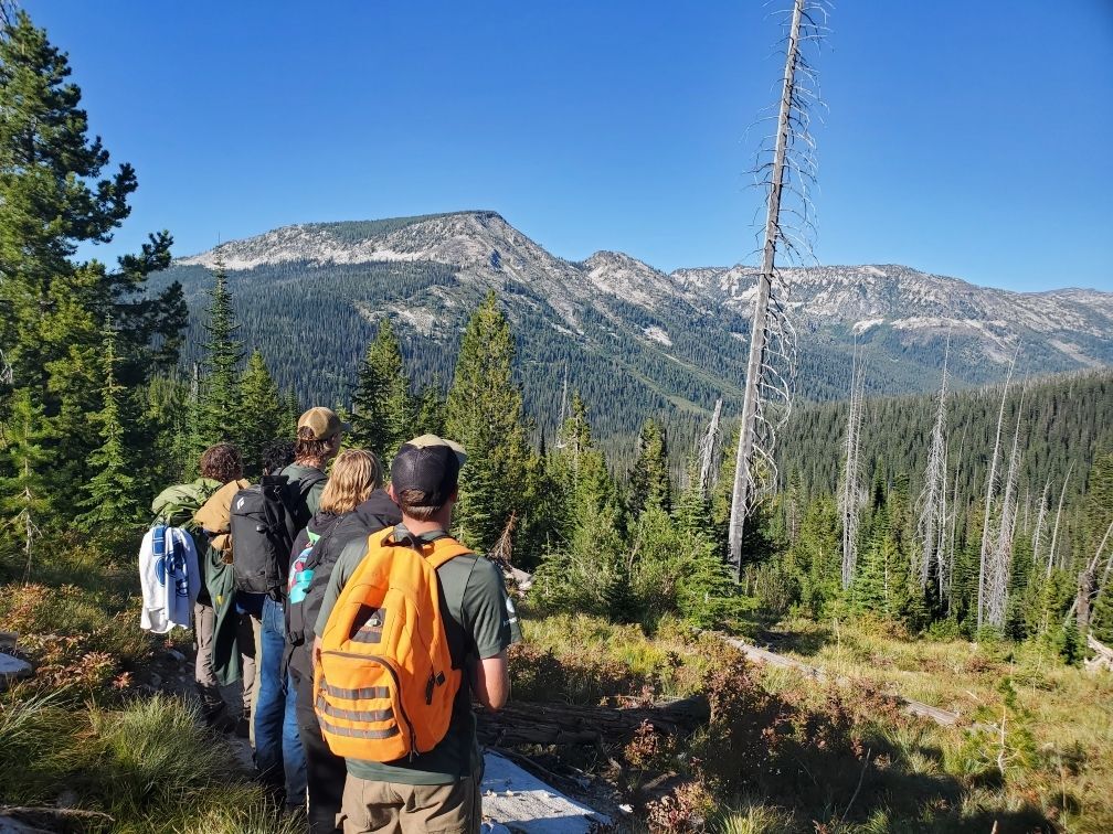 A youth crew stands with their backs to the  camera, looking out at some beautiful mountains