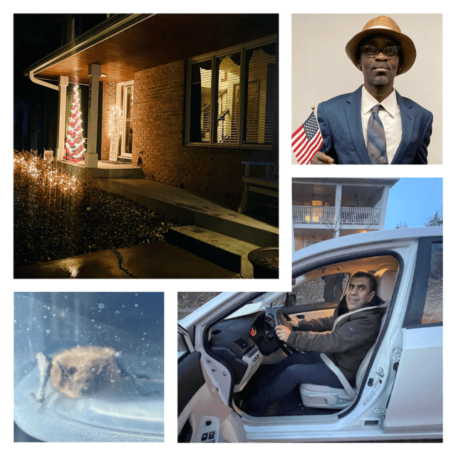 Upper left going clockwise: the front of a two-story home that is also a sanctuary for asylum seekers, a man in a suit and hat with an American flag after becoming a citizen, a driver in a car after getting his DL, a rescued bat in clear container.