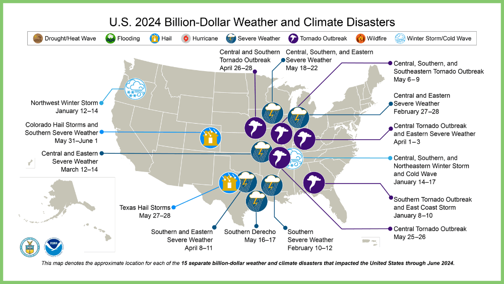 Diagram of the billion-dollar weather disasters recorded in the U.S. in 2024