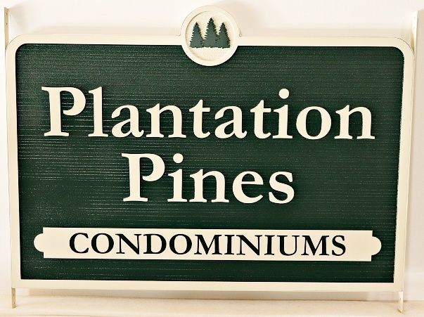 K20088A - Carved HDU Sign for "Plantation Pines Condominiums" with Tree Artwork