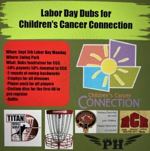 Image describing details of event. When: Sept 5th Labor Day Monday Where: Ewing Park What: Dubs fundraiser for CCC - 50% payouts 50% donated to CCC - 2 rounds of Ewing Backwards  - Trophies for all divisions - Player pack for all players - Custom Disc for