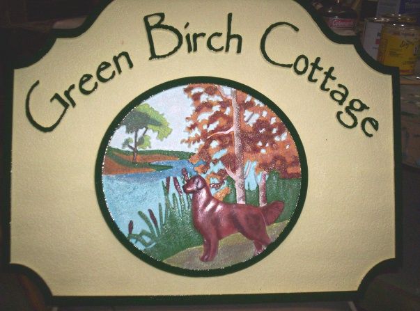M22419 - Carved Sign for Green Birch Cottage with Dog by River