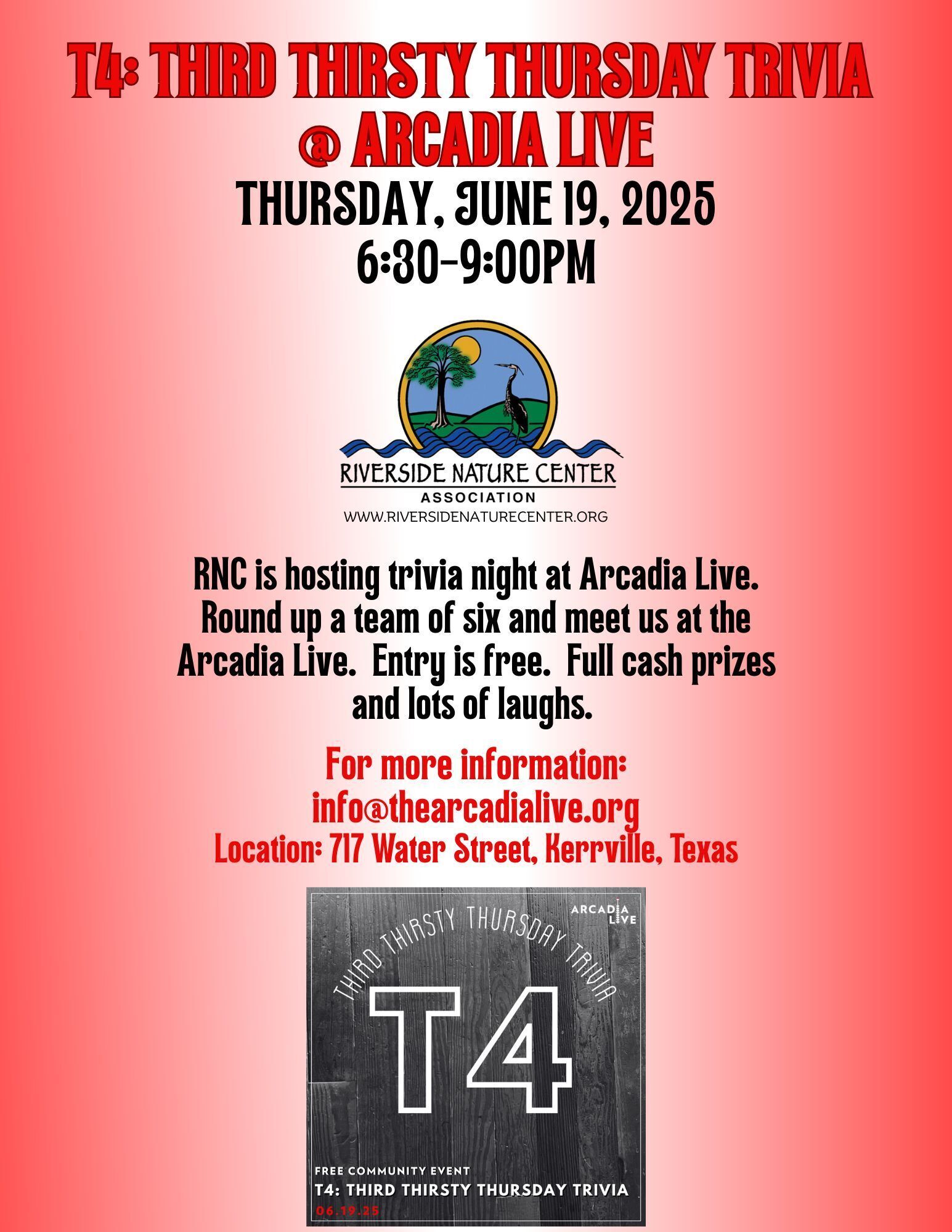 Kerrville Texas, Trivia Night, Arcadia Live, Nature, Science, Riverside Nature Center, prizes