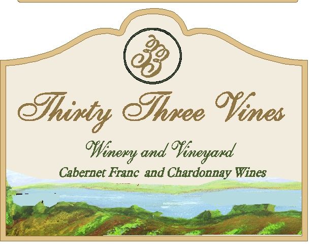 R27027 - Elegant Carved Sign for Thirty-Three Vines Winery and Vineyard, with Painted Vineyard Scene 