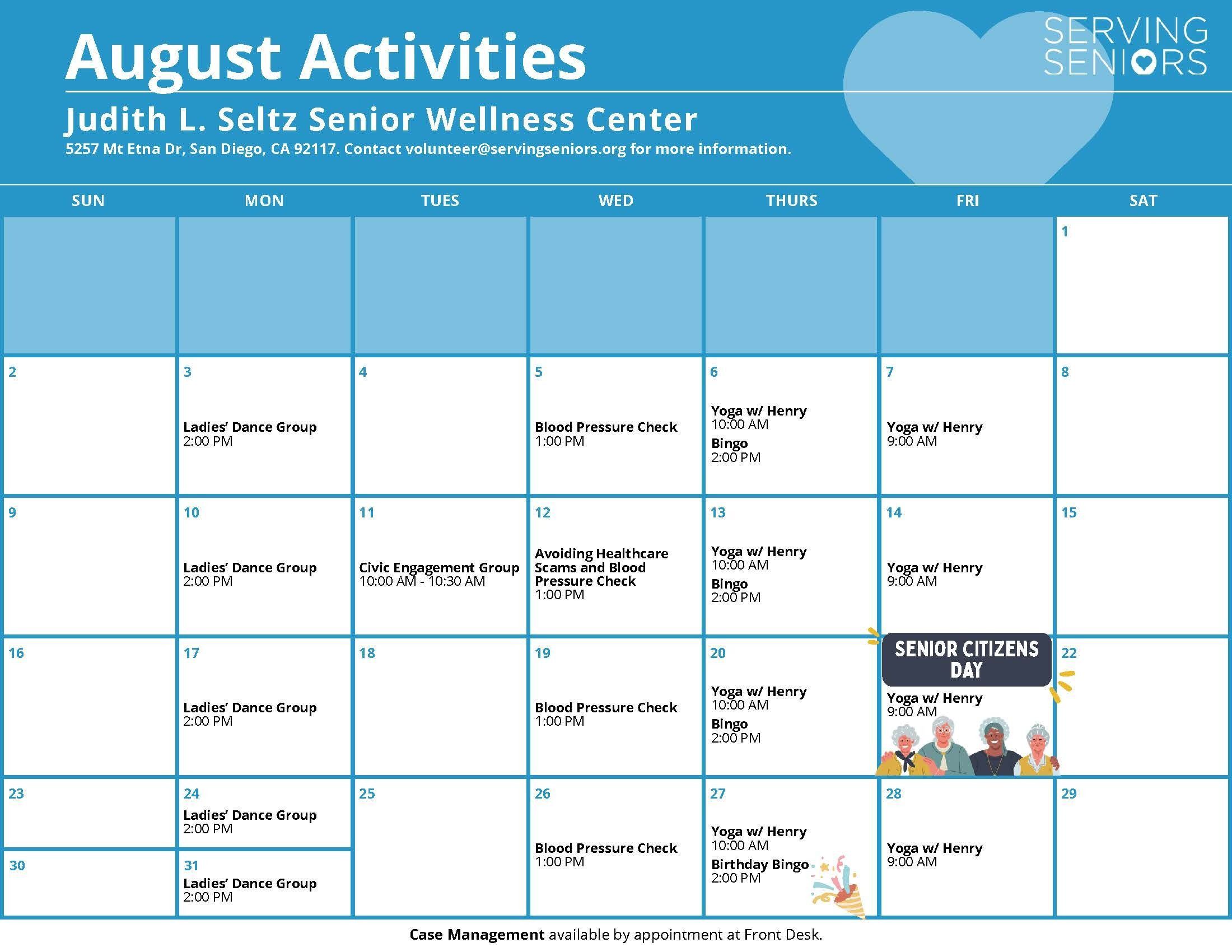 Click to download the Judith L. Seltz Senior Wellness Center August 2026 Activities Calendar