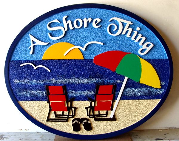 L21004A - Carved Beach Residence Sign, with Two Empty Chairs, and Setting Sun "A Shore Thing"