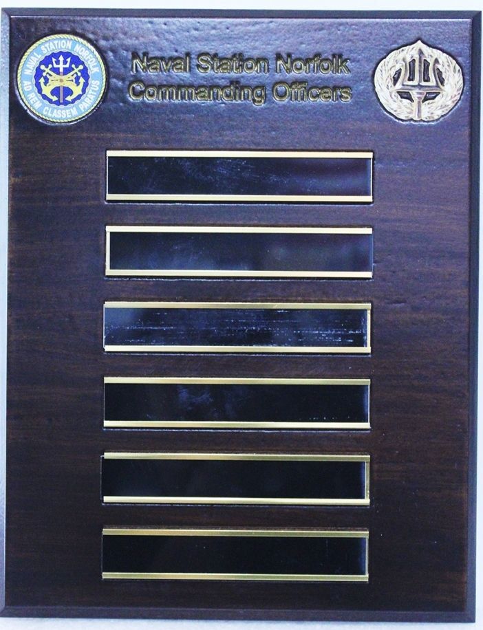 SB1145 - Carved Oak Award Board Listing Previous Commanding Officers of the Naval Station Norfolk,  US Navy
