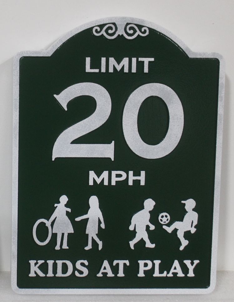 H17225A - Carved HDU Sign "20 MPH - KIDS AT PLAY" 