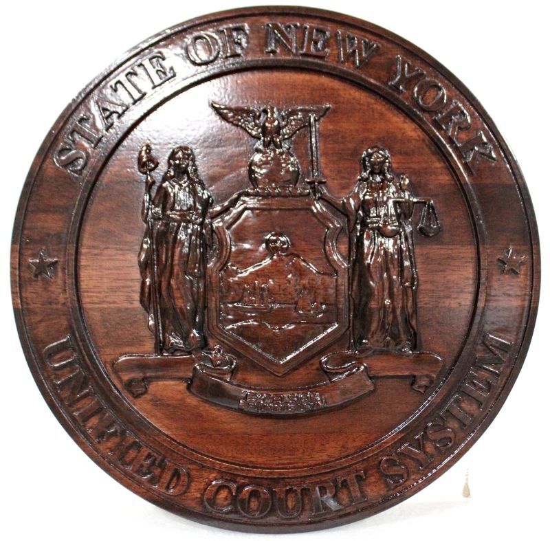 GP-1397 - Carved 2.5-D Plaque for the State of New York Seal Plaque in Carved Mahogany, Unified Court System, State of New York