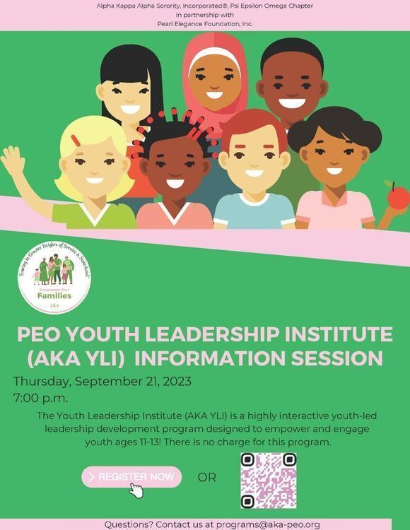 Flyer with green background and graphic of young students of different skin tones smiling