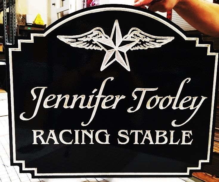 P-25028 - Elegant V-carved, Engraved Racing Stable Sign with Silver-leafed Text, Border and Logo, a Winged-Star