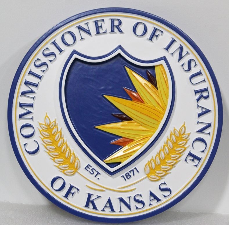 BP-1228 - Carved 2.5-D Multi-Level  HDU Plaque of the  Seal of the Commissioner of Insurance of the State of Kansas