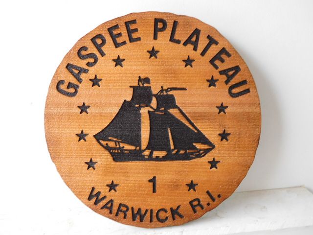  M3206 - Carved Cedar Wood Plaque  for Gaspe Plateau with Engraved Topsail Schooner (Gallery 20) 