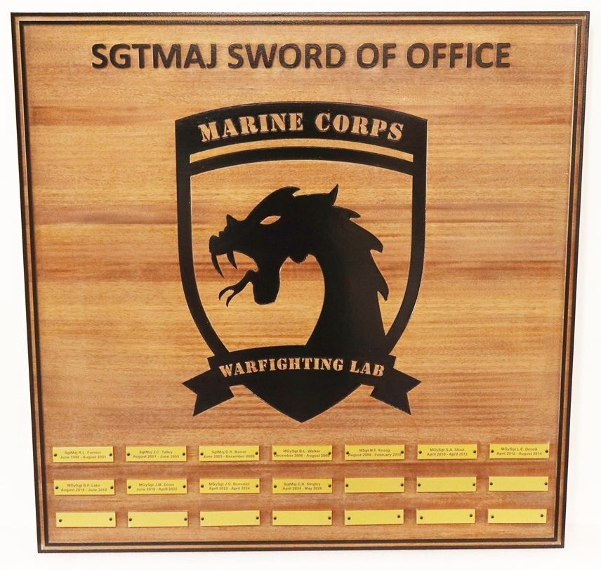 KP-2801 - Carved Redwood Plaque with the Sergeant Major Sword of Office for the Marine Corps Warfighting Lab