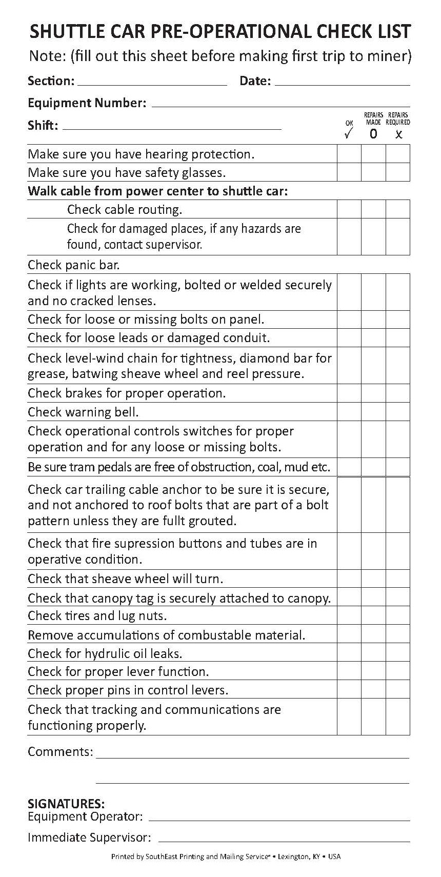 Shuttle Car Check List