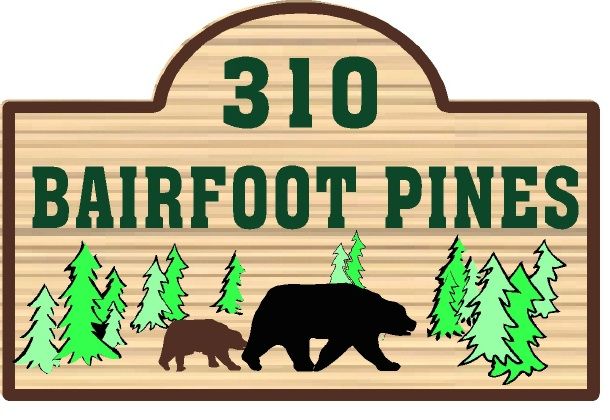 M22858 - Design of Wood or HDU Address Sign for Mountain Home with Carved Bears and Pine Trees